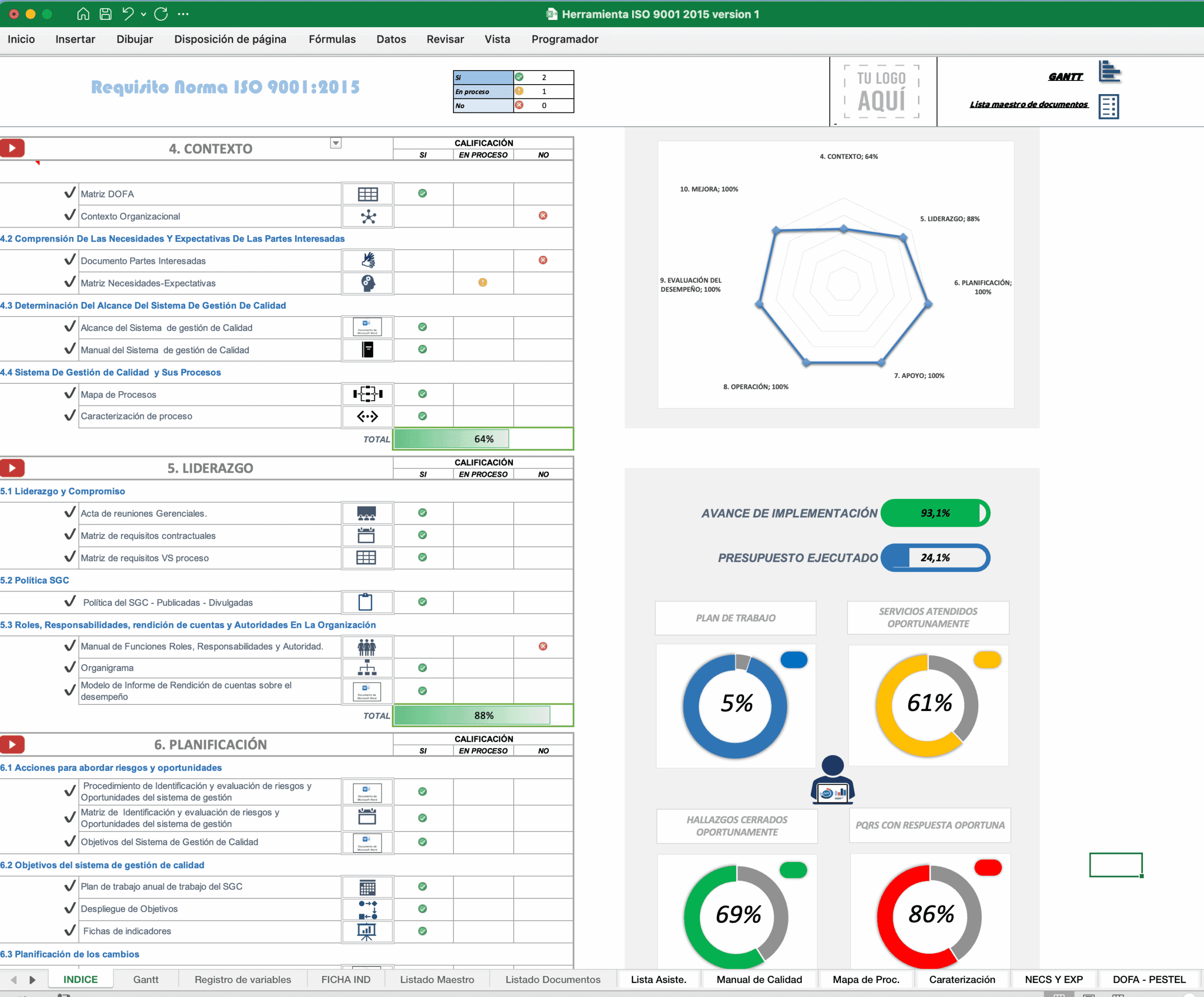 Plantilla en Excel iso 9001 2015